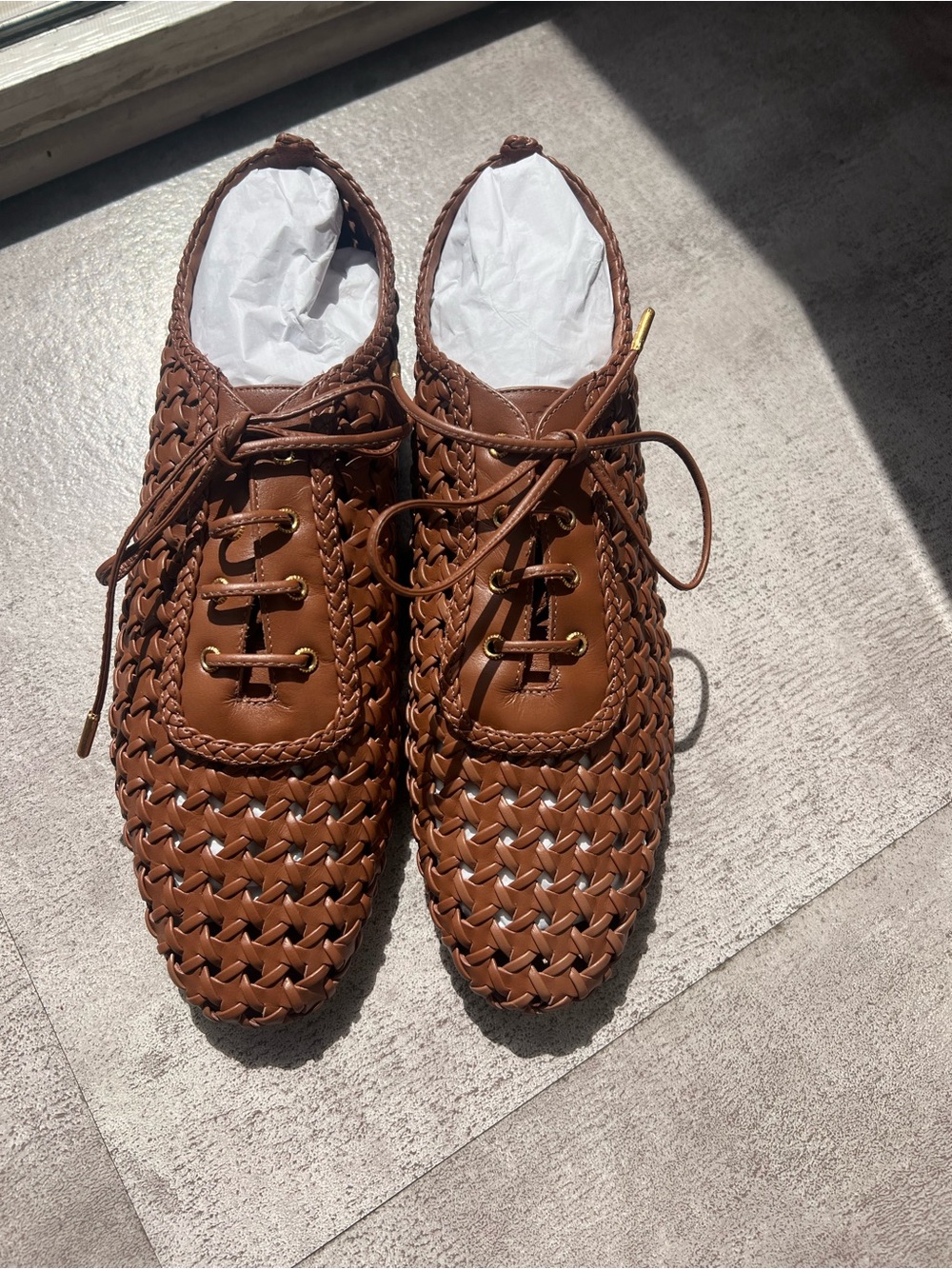Larroude Woven Leather Lace-Up Flats - cognac brown